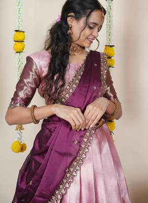 Beautiful South Indian Style Semi-Stitched Half Saree with Blouse and Rangoli Dupatta for Women 4