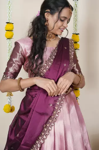 Beautiful South Indian Style Semi-Stitched Half Saree with Blouse and Rangoli Dupatta for Women