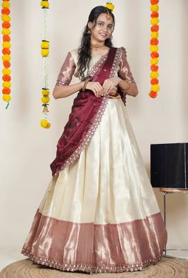 Beautiful South Indian Style Semi-Stitched Half Saree with Blouse and Rangoli Dupatta for Women 1