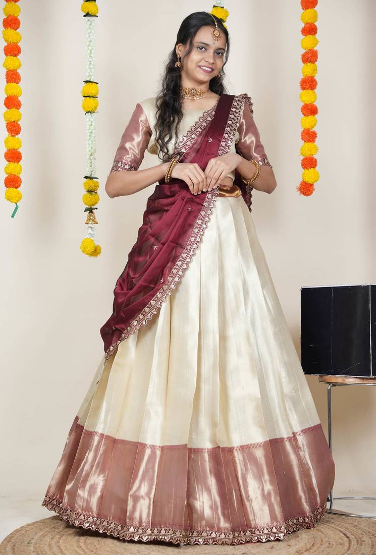 Beautiful South Indian Style Semi-Stitched Half Saree with Blouse and Rangoli Dupatta for Women