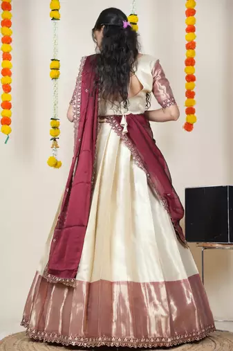Beautiful South Indian Style Semi-Stitched Half Saree with Blouse and Rangoli Dupatta for Women