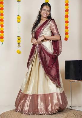 Beautiful South Indian Style Semi-Stitched Half Saree with Blouse and Rangoli Dupatta for Women 3
