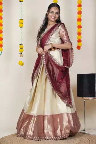 Beautiful South Indian Style Semi-Stitched Half Saree with Blouse and Rangoli Dupatta for Women