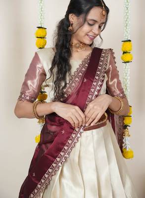 Beautiful South Indian Style Semi-Stitched Half Saree with Blouse and Rangoli Dupatta for Women 4