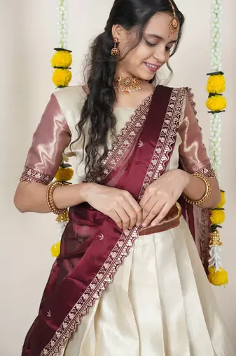 Beautiful South Indian Style Semi-Stitched Half Saree with Blouse and Rangoli Dupatta for Women