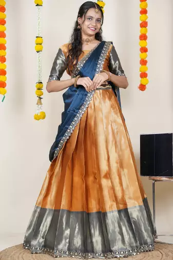 Beautiful South Indian Style Semi-Stitched Half Saree with Blouse and Rangoli Dupatta for Women