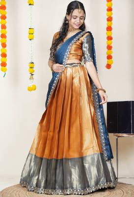 Beautiful South Indian Style Semi-Stitched Half Saree with Blouse and Rangoli Dupatta for Women 2