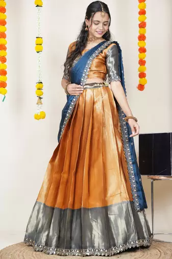 Beautiful South Indian Style Semi-Stitched Half Saree with Blouse and Rangoli Dupatta for Women
