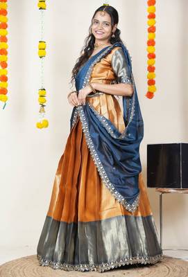 Beautiful South Indian Style Semi-Stitched Half Saree with Blouse and Rangoli Dupatta for Women 3
