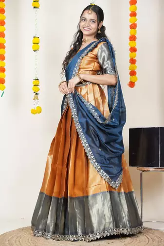 Beautiful South Indian Style Semi-Stitched Half Saree with Blouse and Rangoli Dupatta for Women