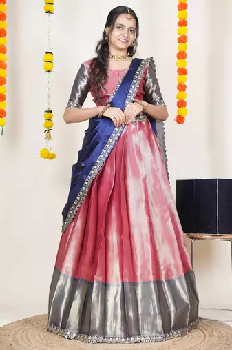 Beautiful South Indian Style Semi-Stitched Half Saree with Blouse and Rangoli Dupatta for Women