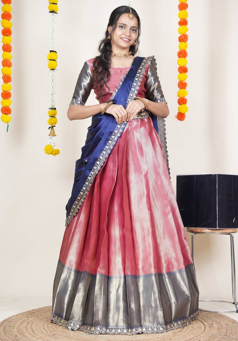 Beautiful South Indian Style Semi-Stitched Half Saree with Blouse and Rangoli Dupatta for Women