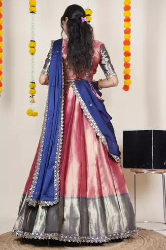 Beautiful South Indian Style Semi-Stitched Half Saree with Blouse and Rangoli Dupatta for Women