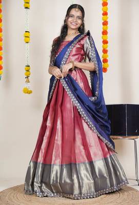 Beautiful South Indian Style Semi-Stitched Half Saree with Blouse and Rangoli Dupatta for Women 3