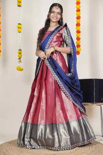 Beautiful South Indian Style Semi-Stitched Half Saree with Blouse and Rangoli Dupatta for Women