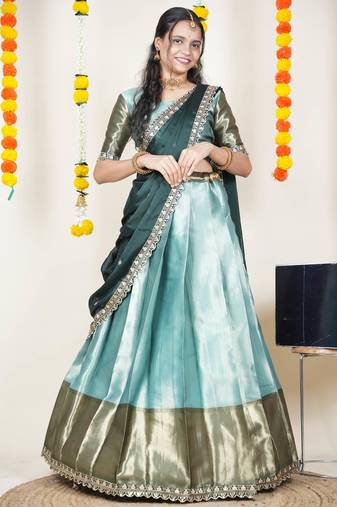 Beautiful South Indian Style Semi-Stitched Half Saree with Blouse and Rangoli Dupatta for Women