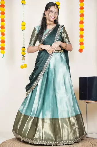 Beautiful South Indian Style Semi-Stitched Half Saree with Blouse and Rangoli Dupatta for Women