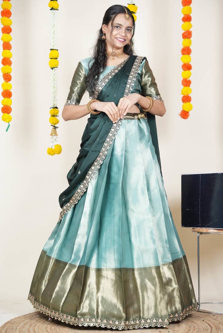 Beautiful South Indian Style Semi-Stitched Half Saree with Blouse and Rangoli Dupatta for Women