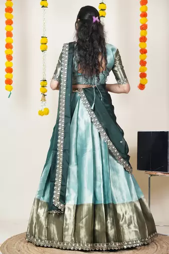 Beautiful South Indian Style Semi-Stitched Half Saree with Blouse and Rangoli Dupatta for Women