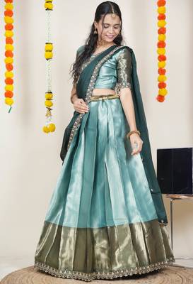 Beautiful South Indian Style Semi-Stitched Half Saree with Blouse and Rangoli Dupatta for Women 3