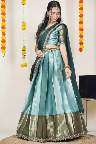 Beautiful South Indian Style Semi-Stitched Half Saree with Blouse and Rangoli Dupatta for Women