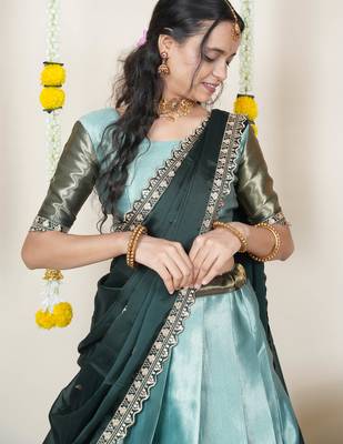 Beautiful South Indian Style Semi-Stitched Half Saree with Blouse and Rangoli Dupatta for Women 4