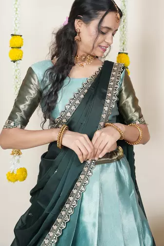 Beautiful South Indian Style Semi-Stitched Half Saree with Blouse and Rangoli Dupatta for Women