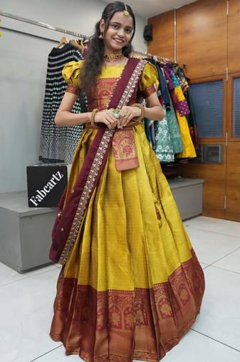 Beautiful South Indian Style Semi-Stitched Half Saree with Blouse and Rangoli Dupatta for Women