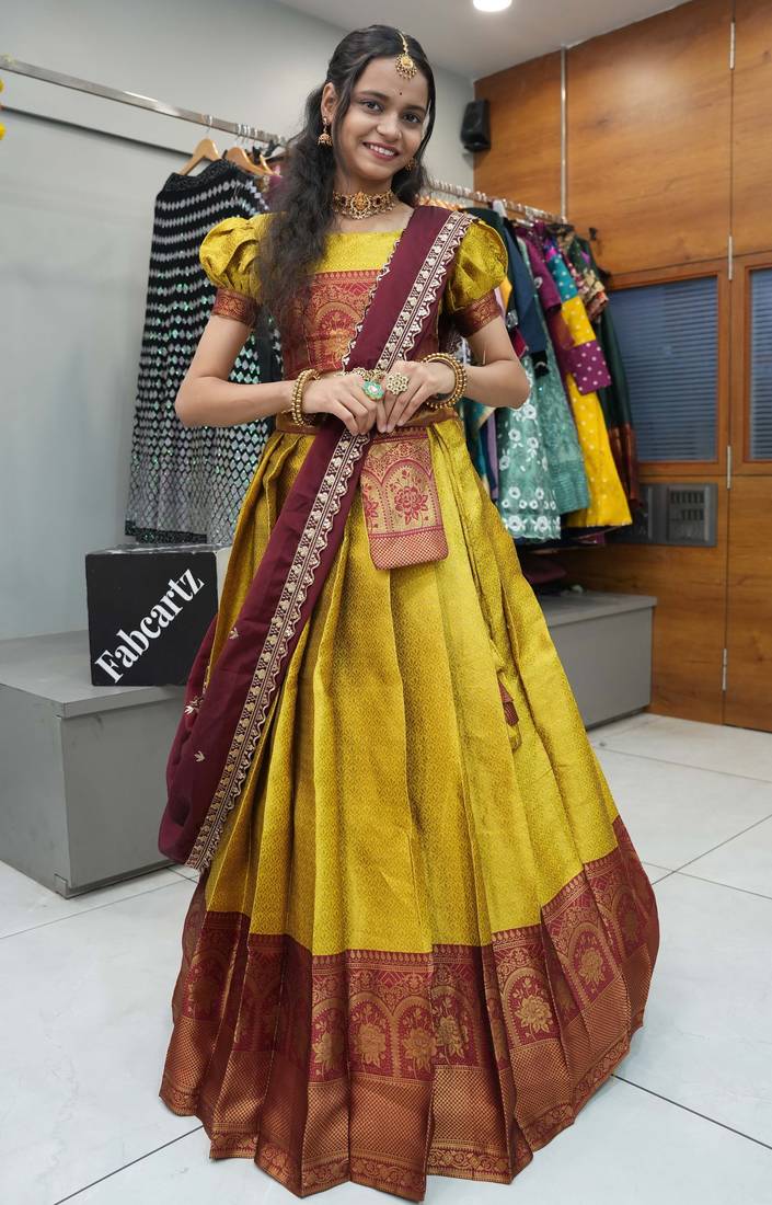 Beautiful South Indian Style Semi-Stitched Half Saree with Blouse and Rangoli Dupatta for Women