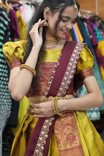 Beautiful South Indian Style Semi-Stitched Half Saree with Blouse and Rangoli Dupatta for Women