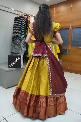 Beautiful South Indian Style Semi-Stitched Half Saree with Blouse and Rangoli Dupatta for Women
