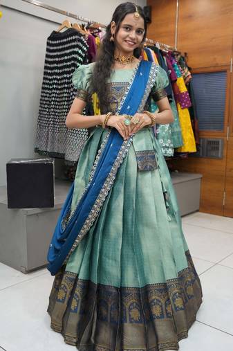 Beautiful South Indian Style Semi-Stitched Half Saree with Blouse and Rangoli Dupatta for Women