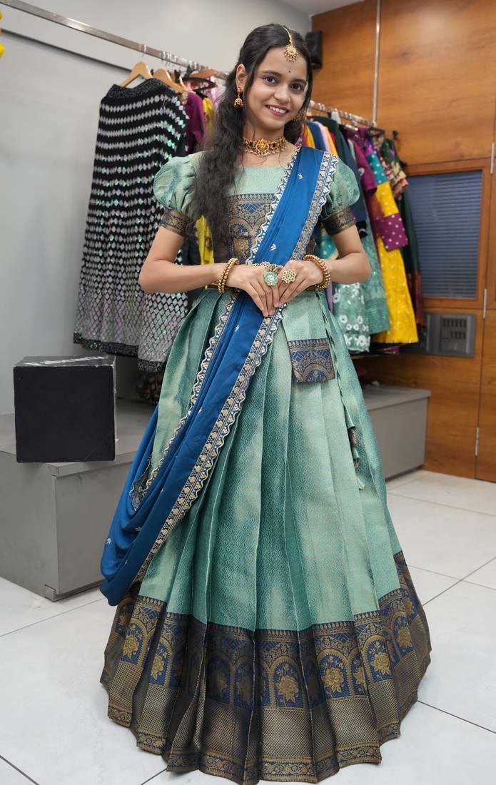 Beautiful South Indian Style Semi-Stitched Half Saree with Blouse and Rangoli Dupatta for Women