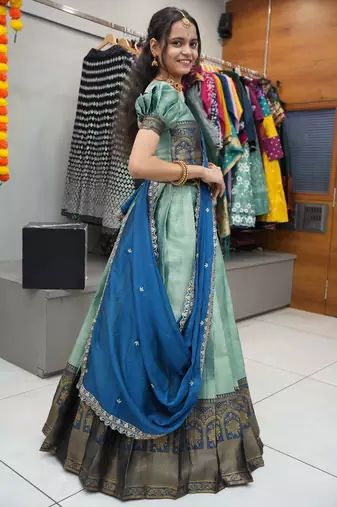 Beautiful South Indian Style Semi-Stitched Half Saree with Blouse and Rangoli Dupatta for Women