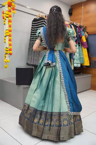 Beautiful South Indian Style Semi-Stitched Half Saree with Blouse and Rangoli Dupatta for Women