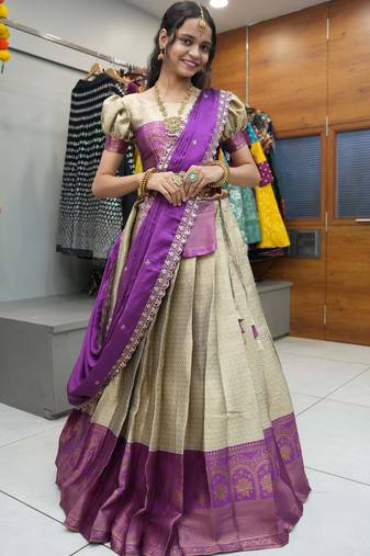 Beautiful South Indian Style Semi-Stitched Half Saree with Blouse and Rangoli Dupatta for Women