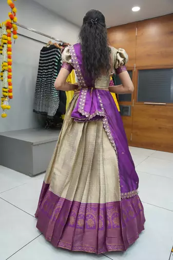 Beautiful South Indian Style Semi-Stitched Half Saree with Blouse and Rangoli Dupatta for Women