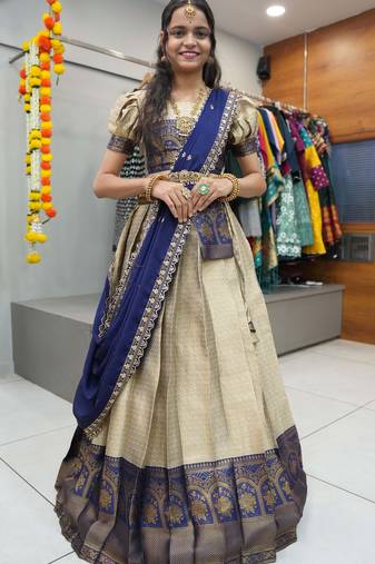 Beautiful South Indian Style Semi-Stitched Half Saree with Blouse and Rangoli Dupatta for Women