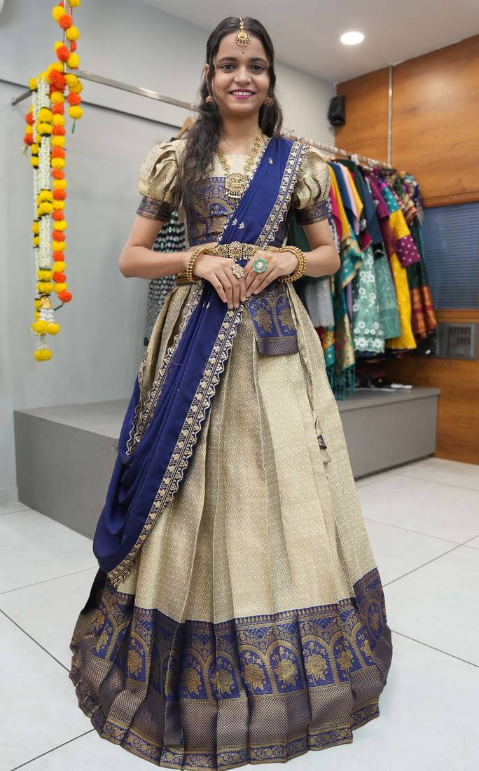 Beautiful South Indian Style Semi-Stitched Half Saree with Blouse and Rangoli Dupatta for Women