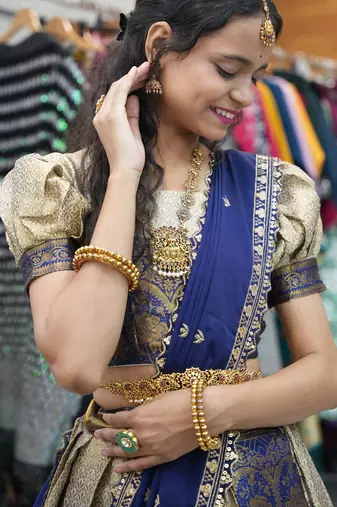 Beautiful South Indian Style Semi-Stitched Half Saree with Blouse and Rangoli Dupatta for Women