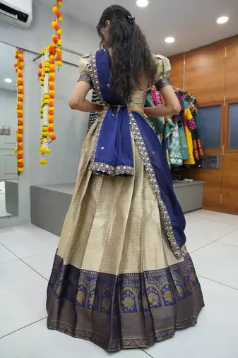 Beautiful South Indian Style Semi-Stitched Half Saree with Blouse and Rangoli Dupatta for Women