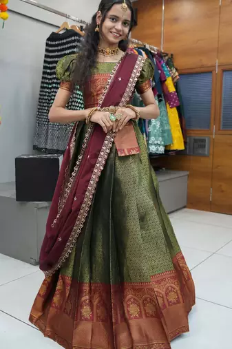 Beautiful South Indian Style Semi-Stitched Half Saree with Blouse and Rangoli Dupatta for Women