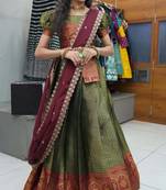 Beautiful South Indian Style Semi-Stitched Half Saree with Blouse and Rangoli Dupatta for Women