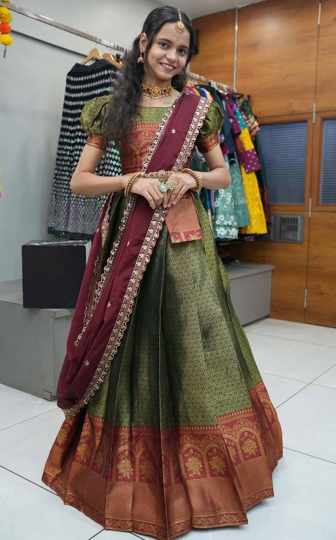 Beautiful South Indian Style Semi-Stitched Half Saree with Blouse and Rangoli Dupatta for Women