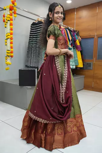 Beautiful South Indian Style Semi-Stitched Half Saree with Blouse and Rangoli Dupatta for Women