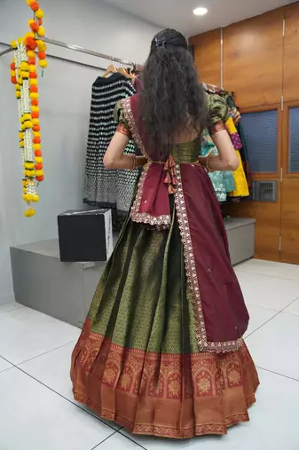 Beautiful South Indian Style Semi-Stitched Half Saree with Blouse and Rangoli Dupatta for Women