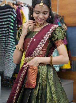 Beautiful South Indian Style ed Half Saree with Blouse and Rangoli Dupatta for Women 4