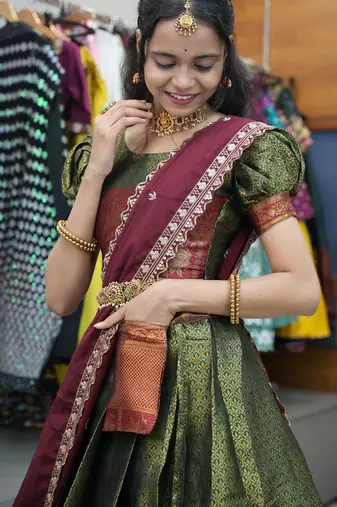 Beautiful South Indian Style Semi-Stitched Half Saree with Blouse and Rangoli Dupatta for Women