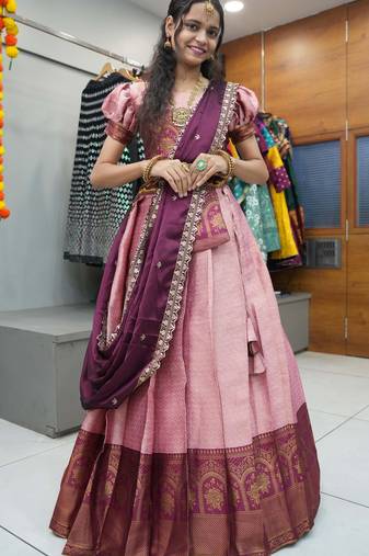 Beautiful South Indian Style Semi-Stitched Half Saree with Blouse and Rangoli Dupatta for Women