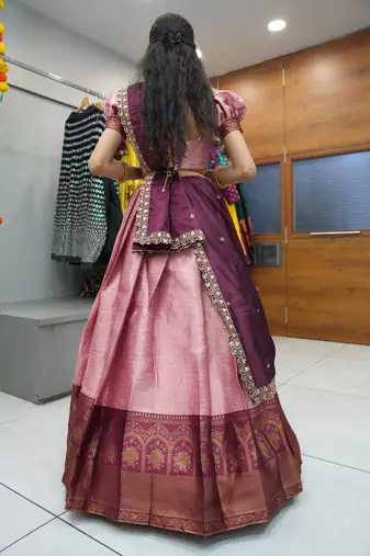 Beautiful South Indian Style Semi-Stitched Half Saree with Blouse and Rangoli Dupatta for Women
